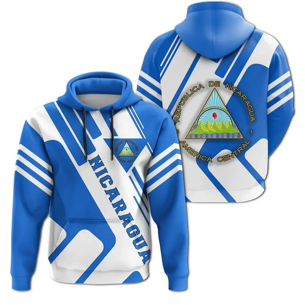 Nicaragua pullover hoodie, blue/white with coat-of-arms graphic on chest