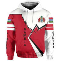 Multicolor graphic pullover hoodie with red/white panels, hood, drawstrings, crest and lightning