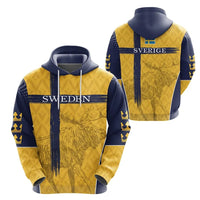Yellow and navy pullover hoodie with drawstring hood and Sweden moose front graphic