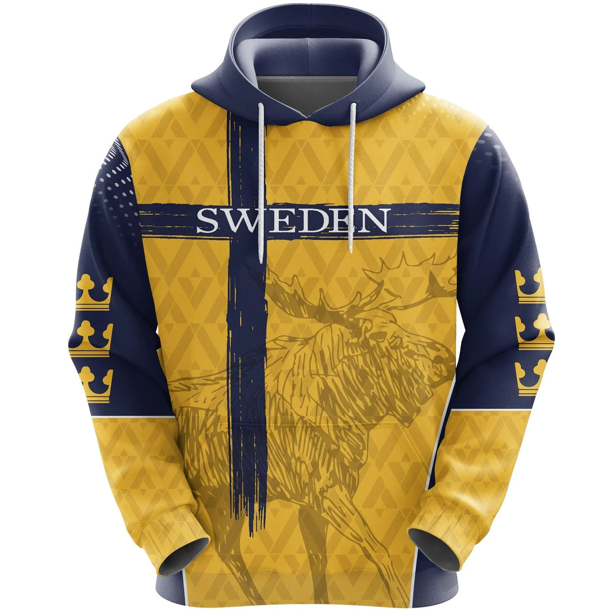 Yellow and navy pullover hoodie front with drawstrings, S W E D E N text and moose