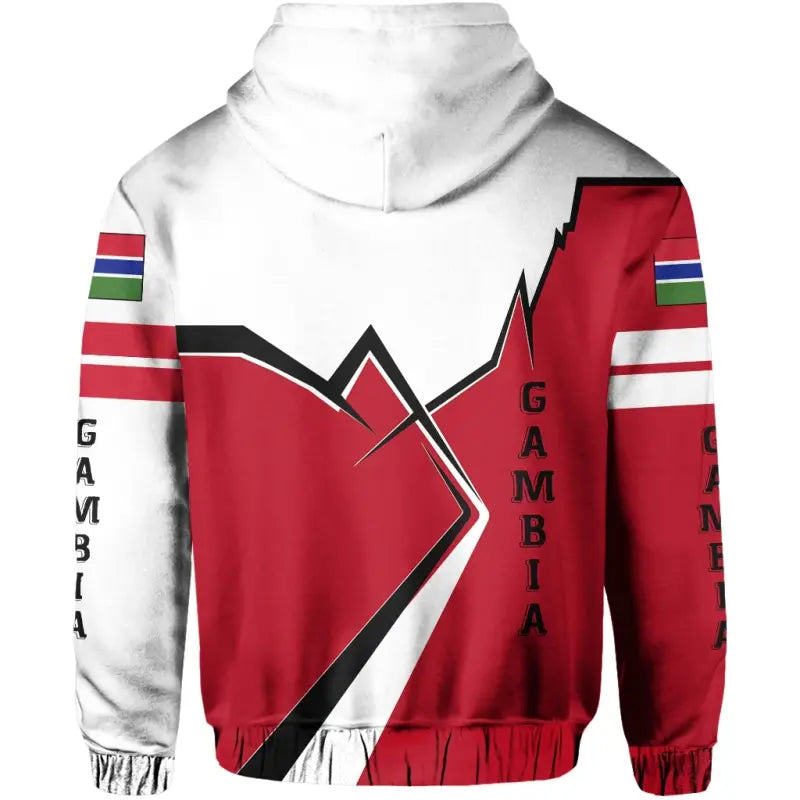 Red-and-white graphic pullover hoodie with hood, flag-striped sleeves, GAMBIA vertical text