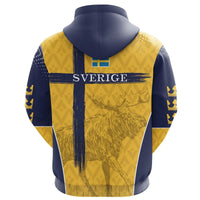 Back of yellow and navy pullover hoodie with hood, SVERIGE text and moose graphic