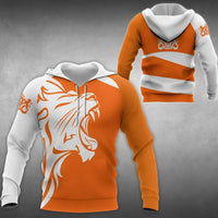Orange zip hoodie with white lion face graphic and striped panel, hood and full-length zipper