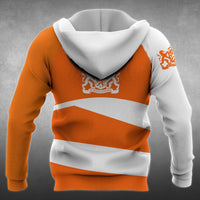 Orange and white zip hoodie back with crest emblem, striped bands, hood