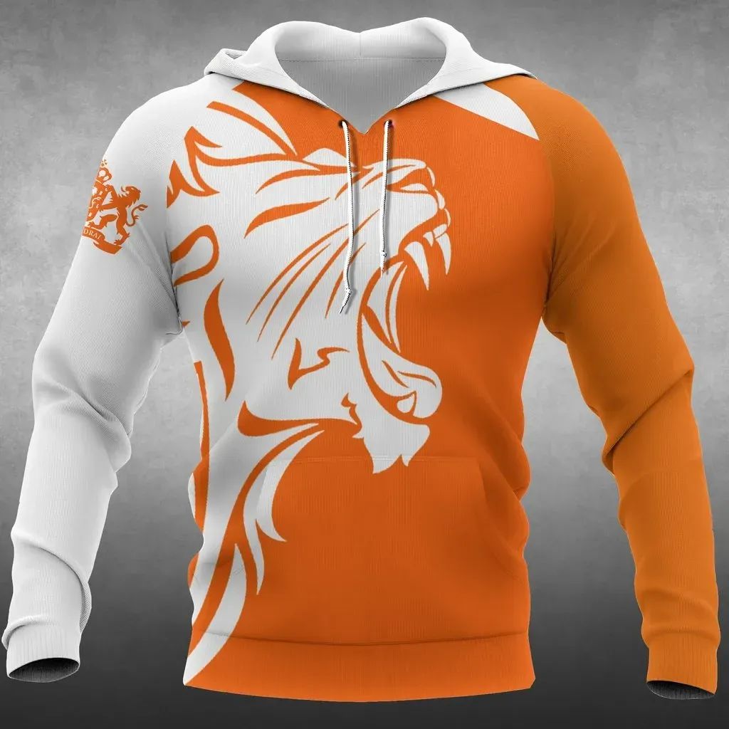 Orange and white zip front hoodie with large lion face print on chest, drawstring hood