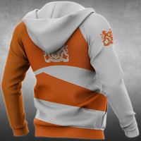 Orange-and-white zip hoodie back with large central crest and sleeve lion badge, hood