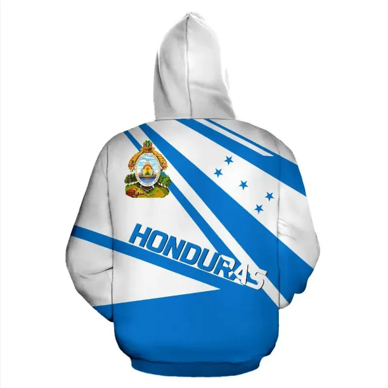 Honduras hoodie back, white/blue diagonal stripes with crest and HONDURAS text