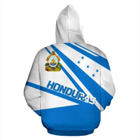 Honduras hoodie back, white/blue diagonal stripes with crest and HONDURAS text