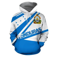 Honduras pullover hoodie front, hood with drawstrings, blue diagonal stripe and HONDURAS logo