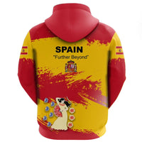 Spain hoodie back print: 'SPAIN' 'Further Beyond' and crest, red/yellow brush design
