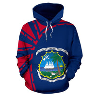Multicolor Liberia hoodie, pullover with hood drawstrings, crest and ship graphic