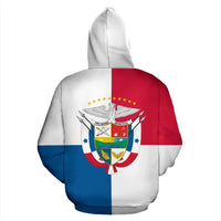 Back view pullover hoodie with large crest graphic on red, white, and blue color block