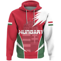 Red pullover hoodie with Hungary flag graphic, hood and white drawstrings