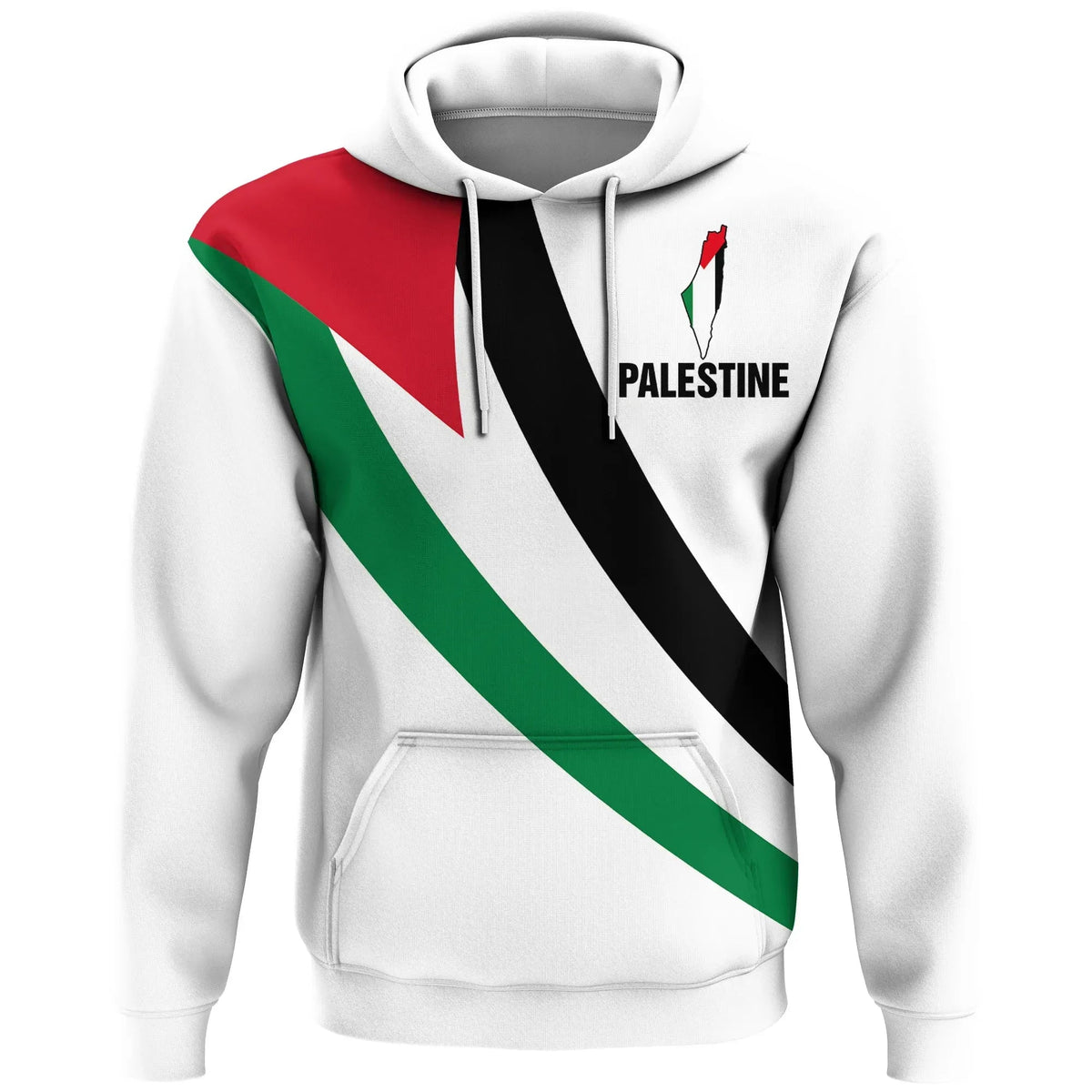 White pullover hoodie with Palestine flag diagonal print and 'PALESTINE' text