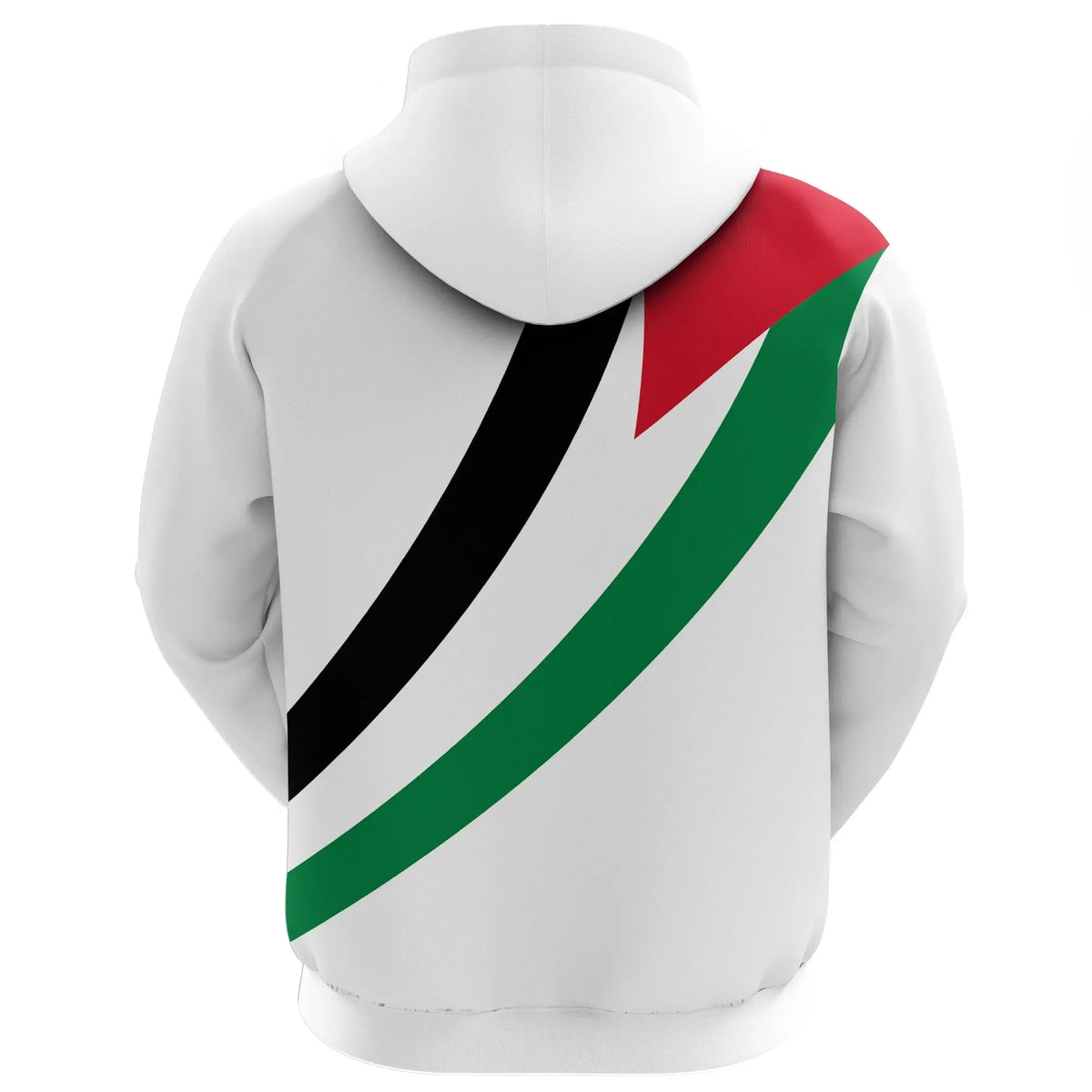 White pullover hoodie back view with Palestine flag diagonal stripes