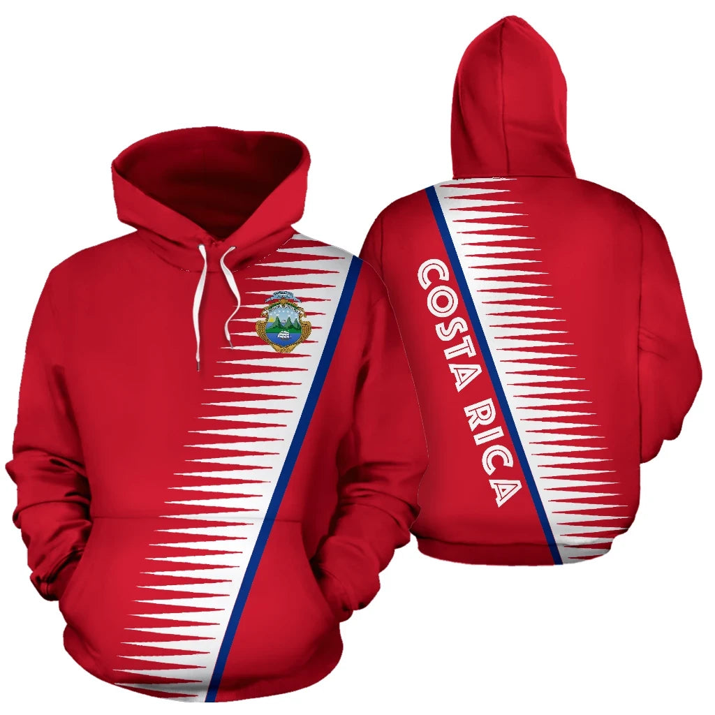Red pullover hoodie showing front and back Costa Rica crest with diagonal stripe