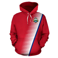 Red pullover hoodie with Costa Rica crest graphic and drawstring hood