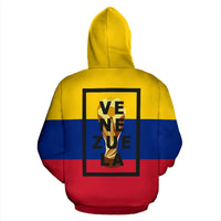 Back of yellow blue red pullover hoodie with VE NE ZU E LA text graphic