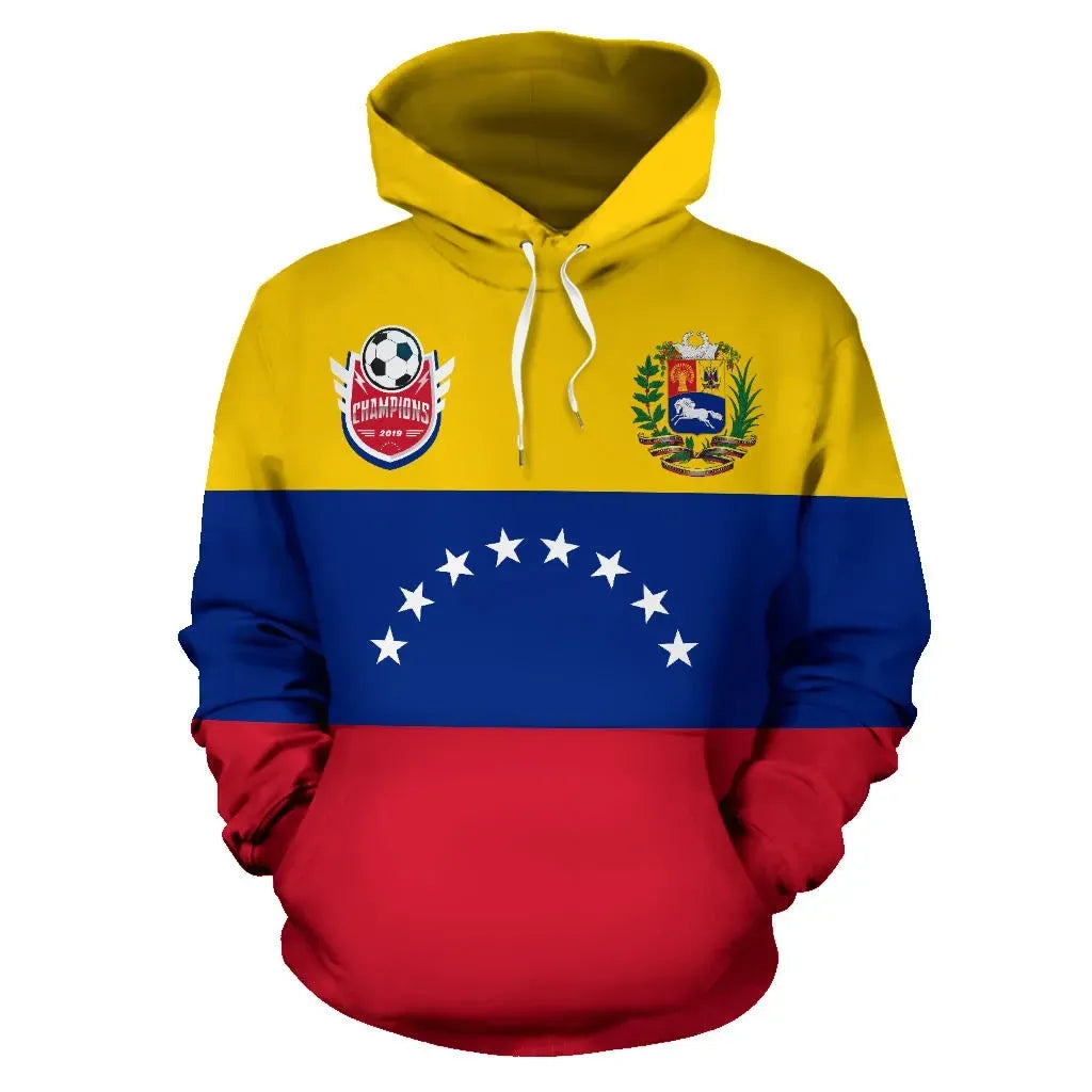 Yellow blue red pullover hoodie, front Venezuela crest and star stripe