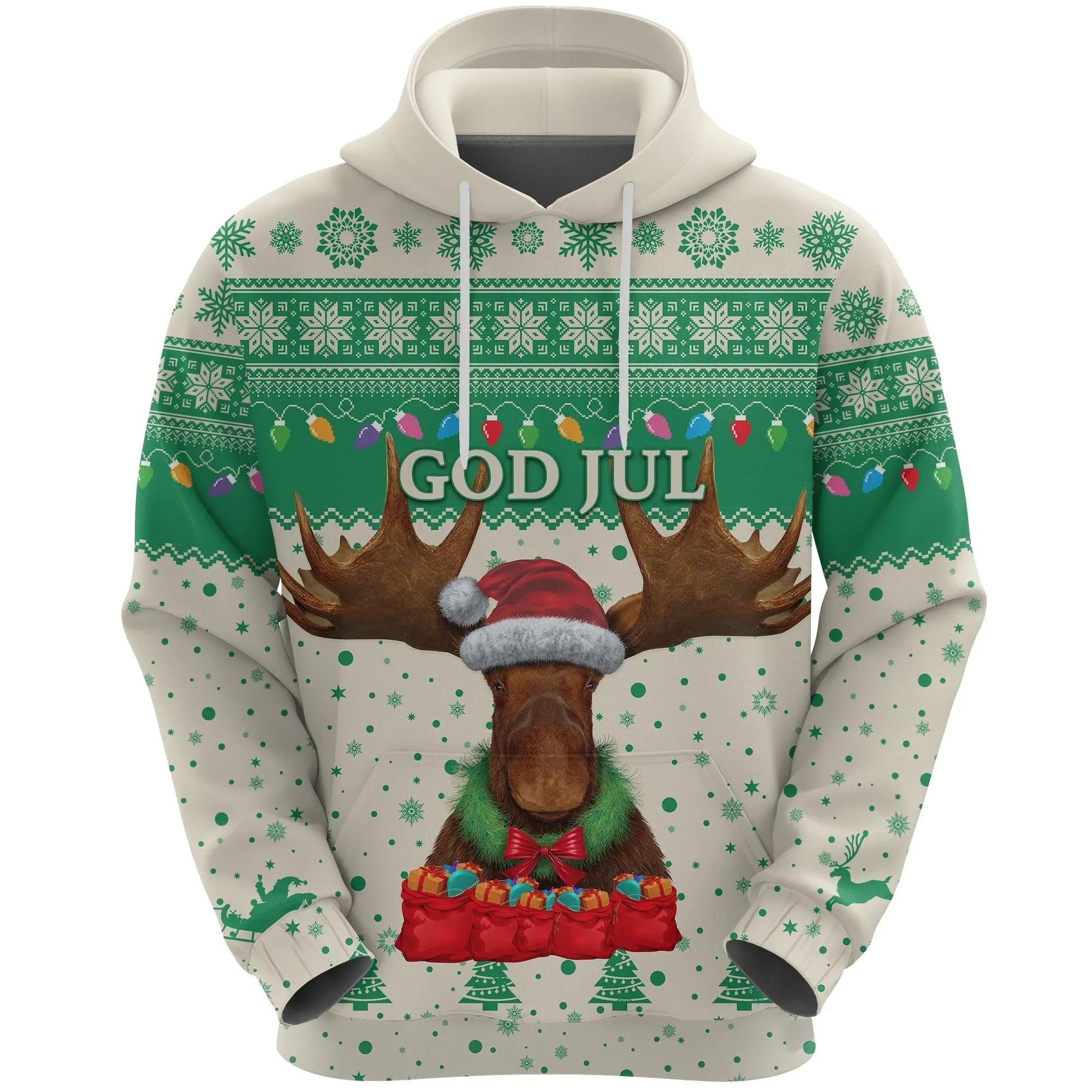 Sweden Christmas Hoodie Moose Beige Green RLT7 - Wonder Print Shop