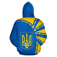 Blue and yellow hoodie back view with yellow trident emblem and geometric stripe pattern