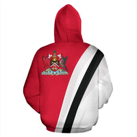 Red hoodie back: crest emblem and diagonal black-white stripe panel