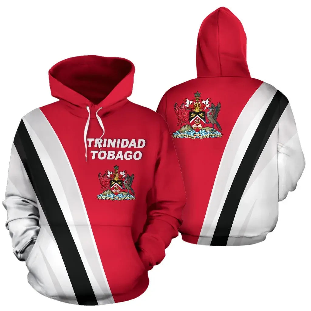 Red pullover hoodie front/back: Trinidad Tobago text, crest, diagonal black-white stripes
