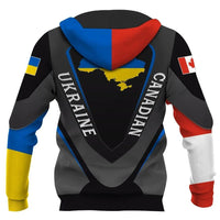 Black hoodie back with blue-red hood, Ukraine flag map, 'Ukraine'/'My Blood' sleeve stripes