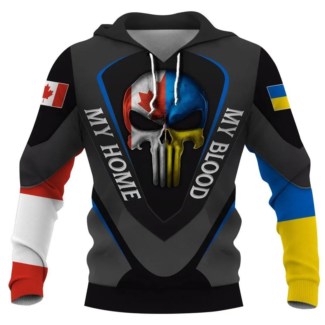 Black pullover hoodie with 3D skull, 'My Home'/'My Blood' text, flag sleeve panels
