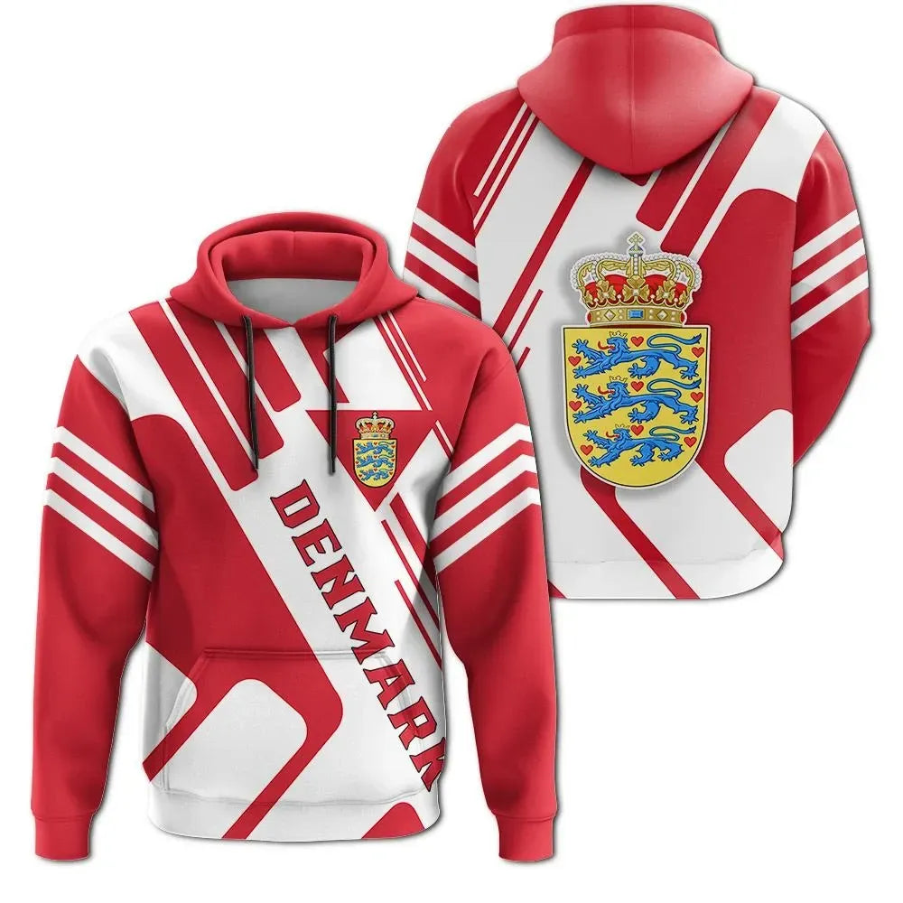 Pullover hoodie with Denmark coat of arms crest, red and white striped design
