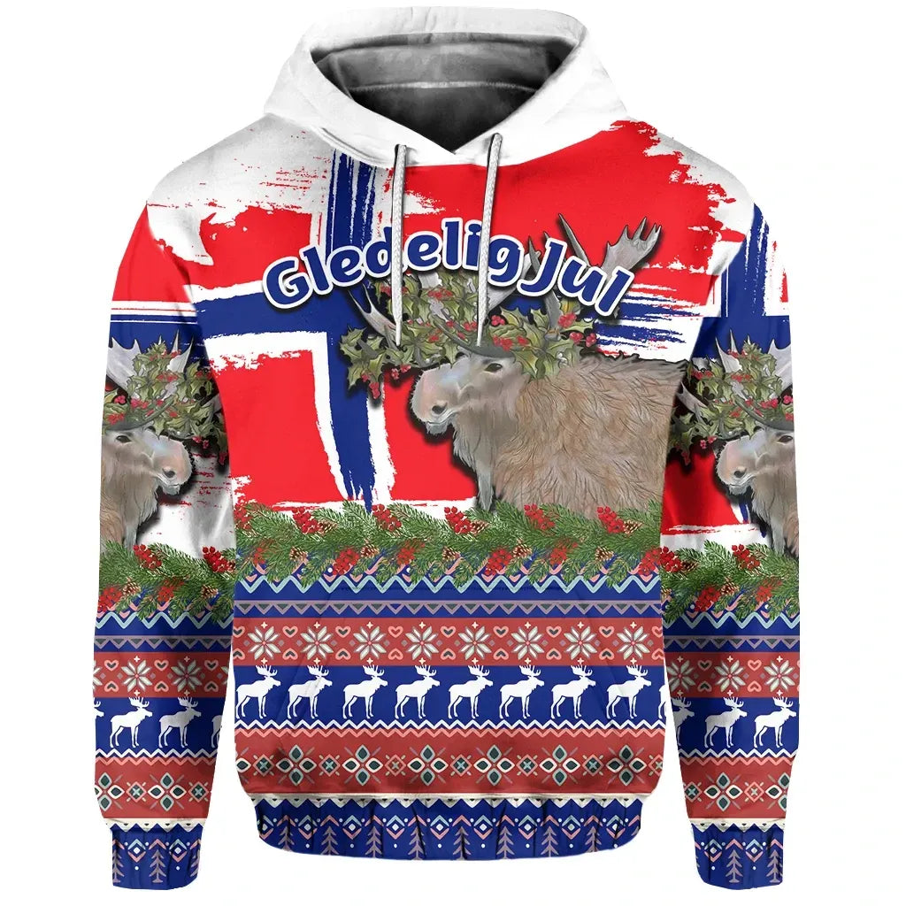 Norway Flag With Moose Christmas Hoodie RLT7 - Wonder Print Shop