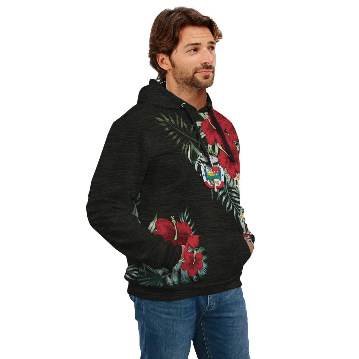 Black pullover hoodie on model, red hibiscus print with tropical leaves along sleeve