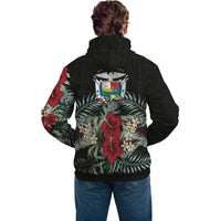 Black pullover hoodie back view with tropical leaf print and central crest logo