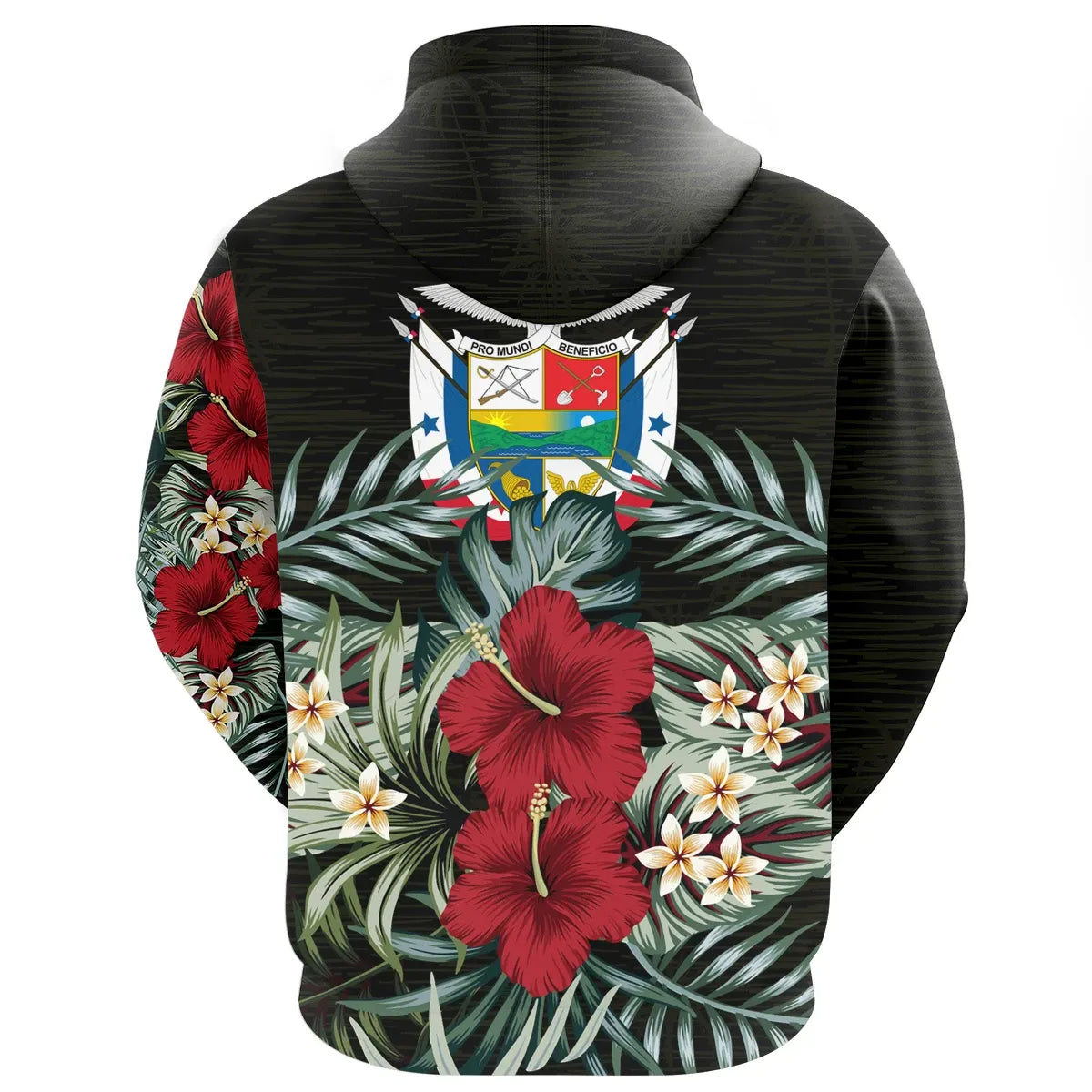Black pullover hoodie, back design with tropical leaves, red hibiscus, and crest logo