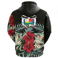 Black pullover hoodie, back design with tropical leaves, red hibiscus, and crest logo