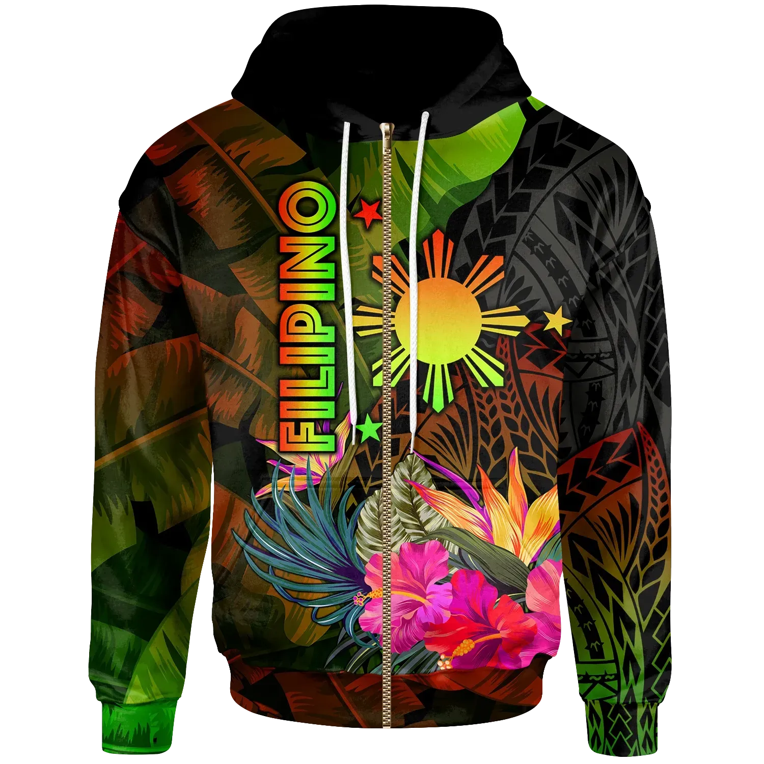 The Philippines Polynesian Zip Up Hoodie Hibiscus and Banana Leaves RLT6 - Wonder Print Shop