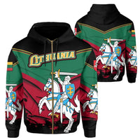 Black zip hoodie with Lithuania graphic, green and red stripes, knights on horseback