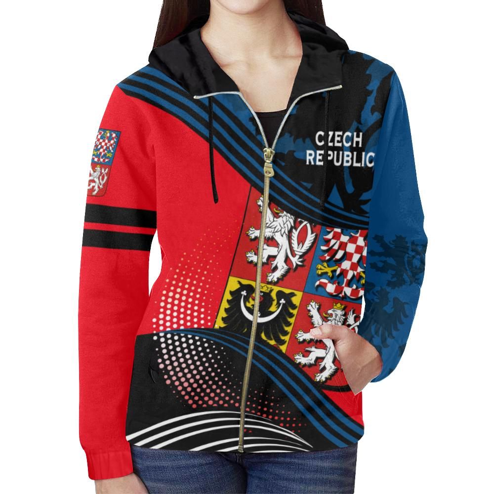 Red and blue zip hoodie with Czech Republic chest print, hood, and gold zipper