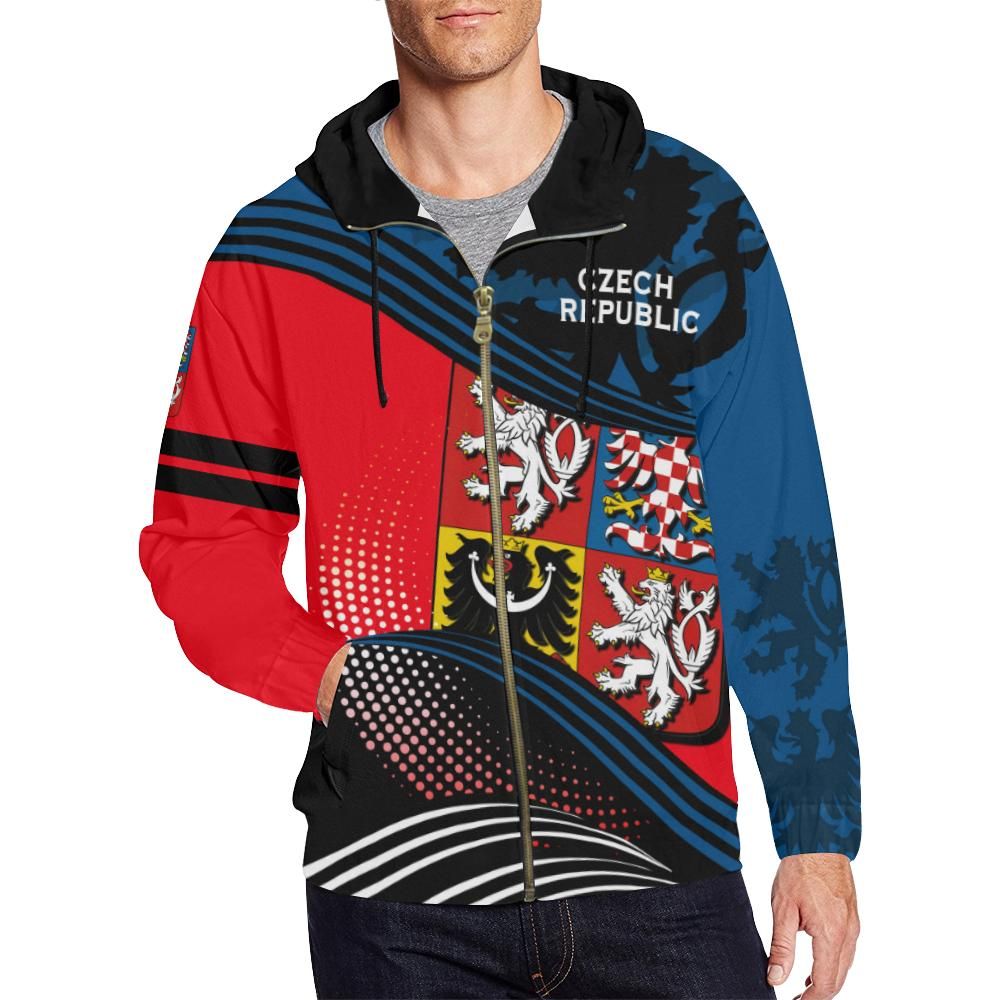 Color-block zip hoodie with Czech crest panel graphic, black drawstring hood