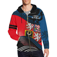 Color-block zip hoodie with Czech crest panel graphic, black drawstring hood