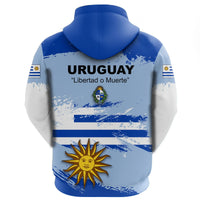 Back of colorful Uruguay flag brush zip hoodie with URUGUAY "Libertad o Muerte" text