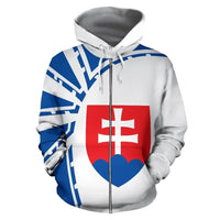 Zip hoodie with white base and blue/red Slovakia-style flag crest graphic, full front view