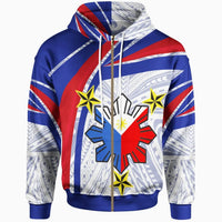 Zip-up hoodie with blue red striped Polynesian pattern, crest emblem and stars, front view