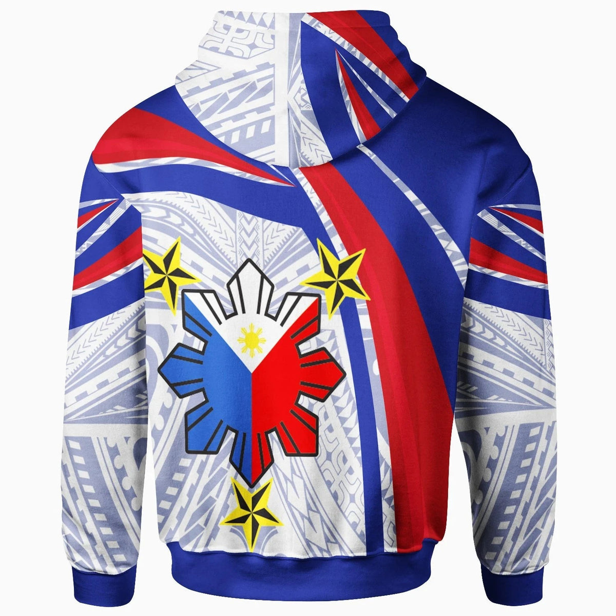 Zip-up hoodie back with Polynesian print, blue red stripes, white geometric texture