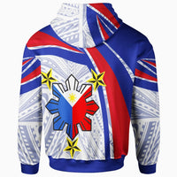 Zip-up hoodie back with Polynesian print, blue red stripes, white geometric texture