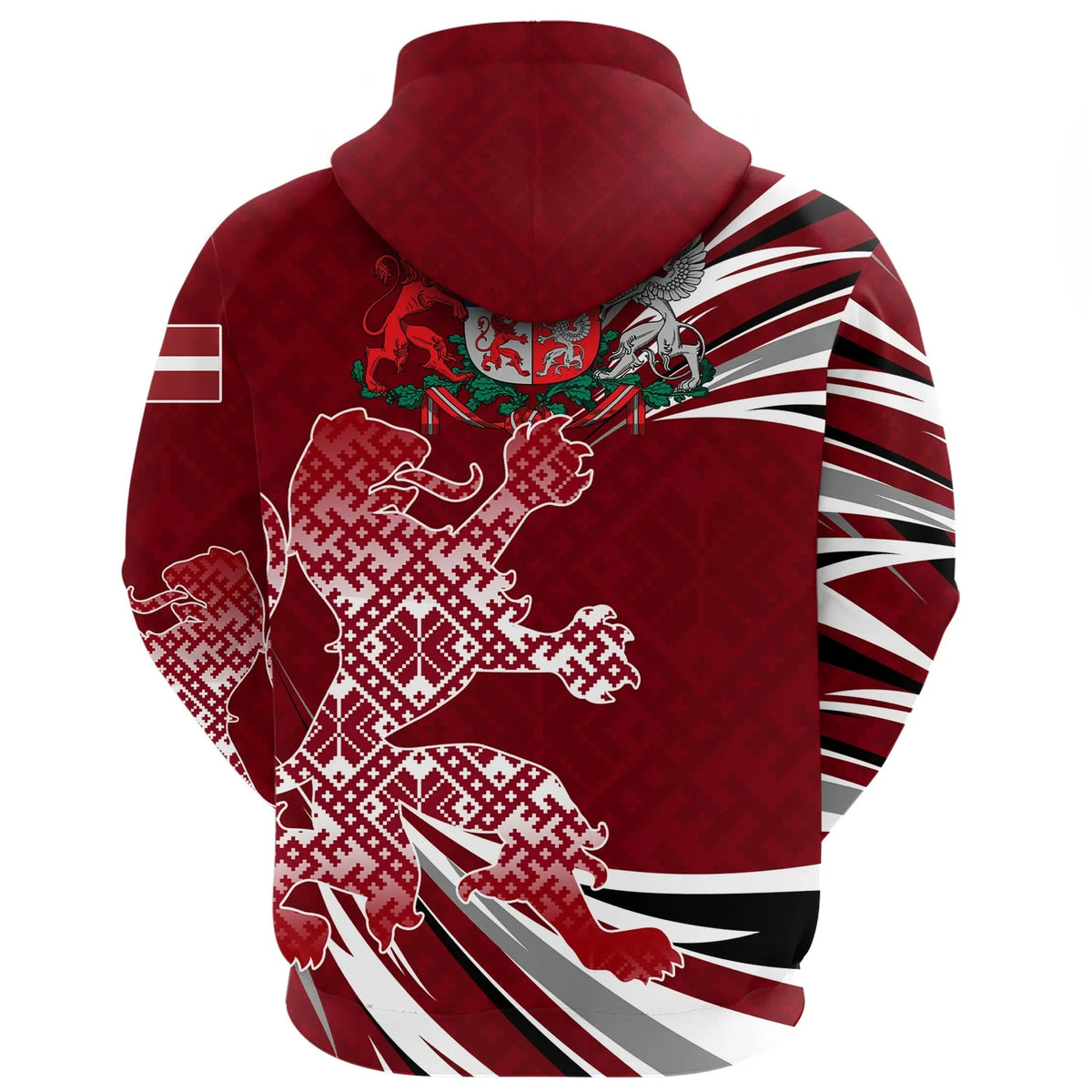 Maroon zip hoodie back with Latvian lion, crest, and striped ray graphics on sleeves