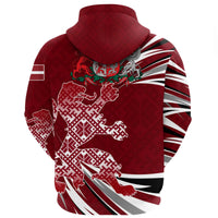 Maroon zip hoodie back with Latvian lion, crest, and striped ray graphics on sleeves