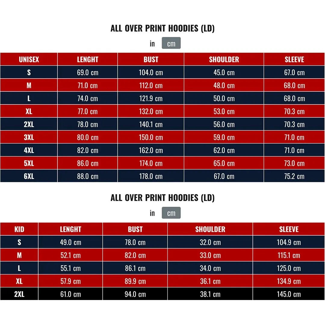 All over print hoodie size chart, unisex and kids measurements in cm