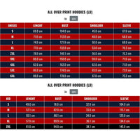 All over print hoodie size chart, unisex and kids measurements in cm