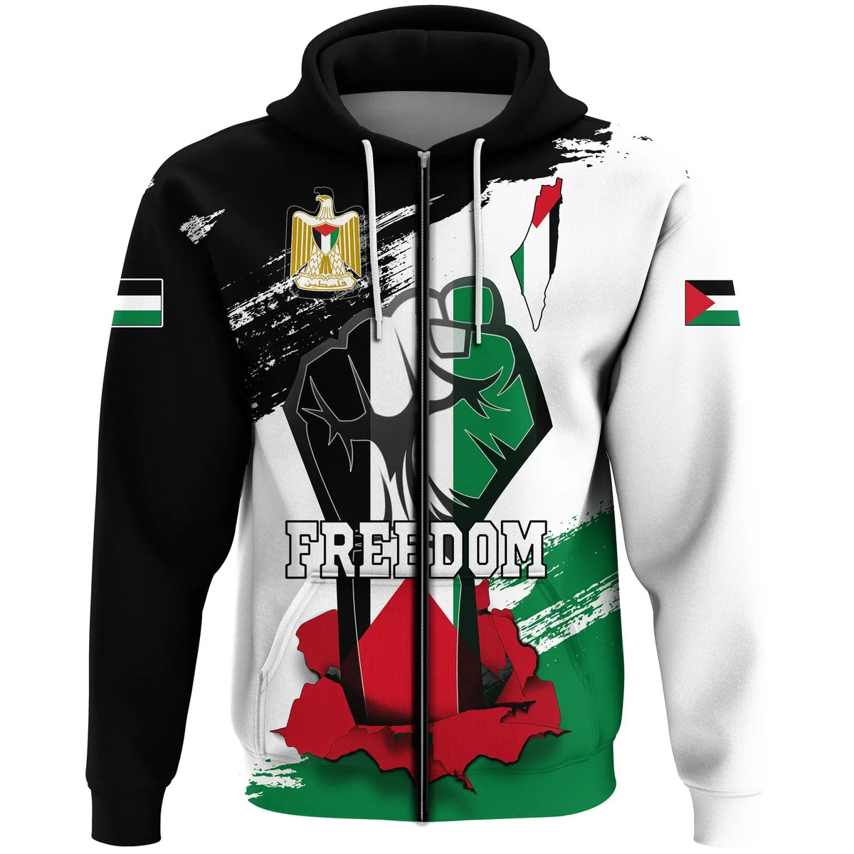 Black zip-up hoodie with Palestine flag map graphic and 'FREEDOM' text on front